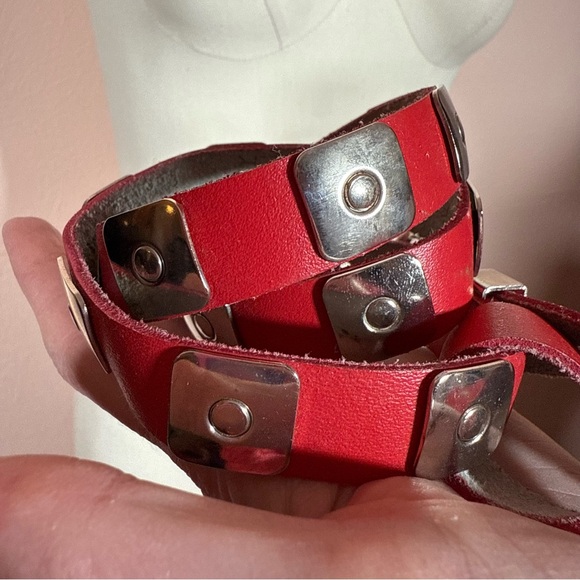 Vintage 1980’s red Leather Southwestern silver Concho skinny Retro belt Froneza main image 13